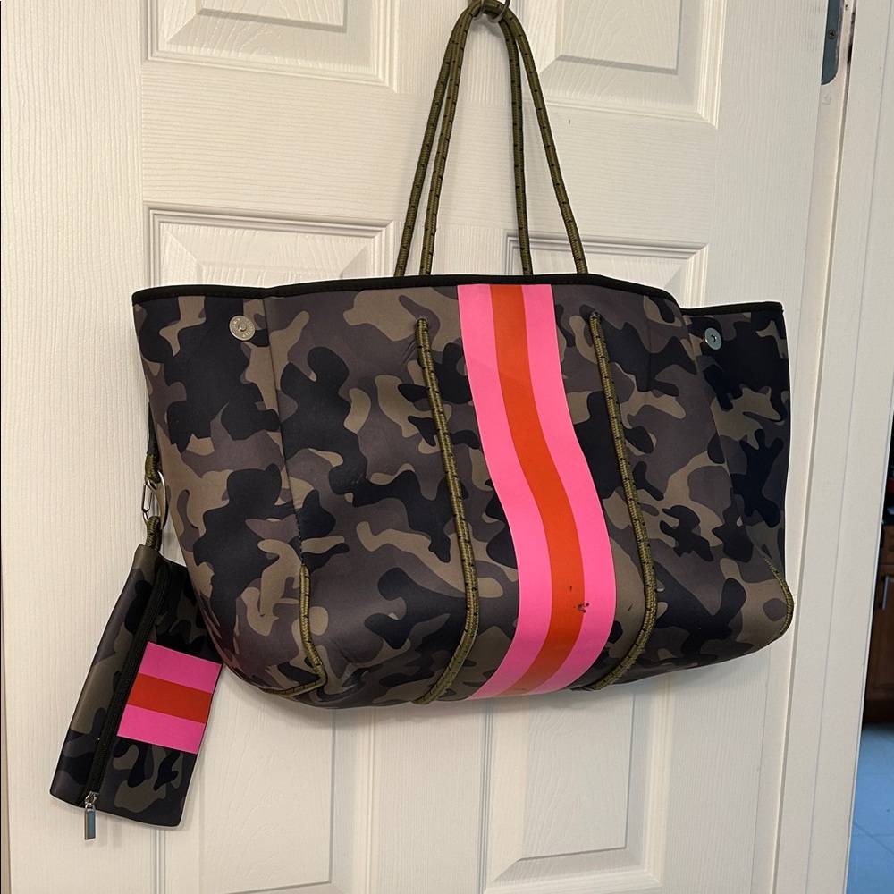 Camouflage Tote Bag with Pink and Red Stripes